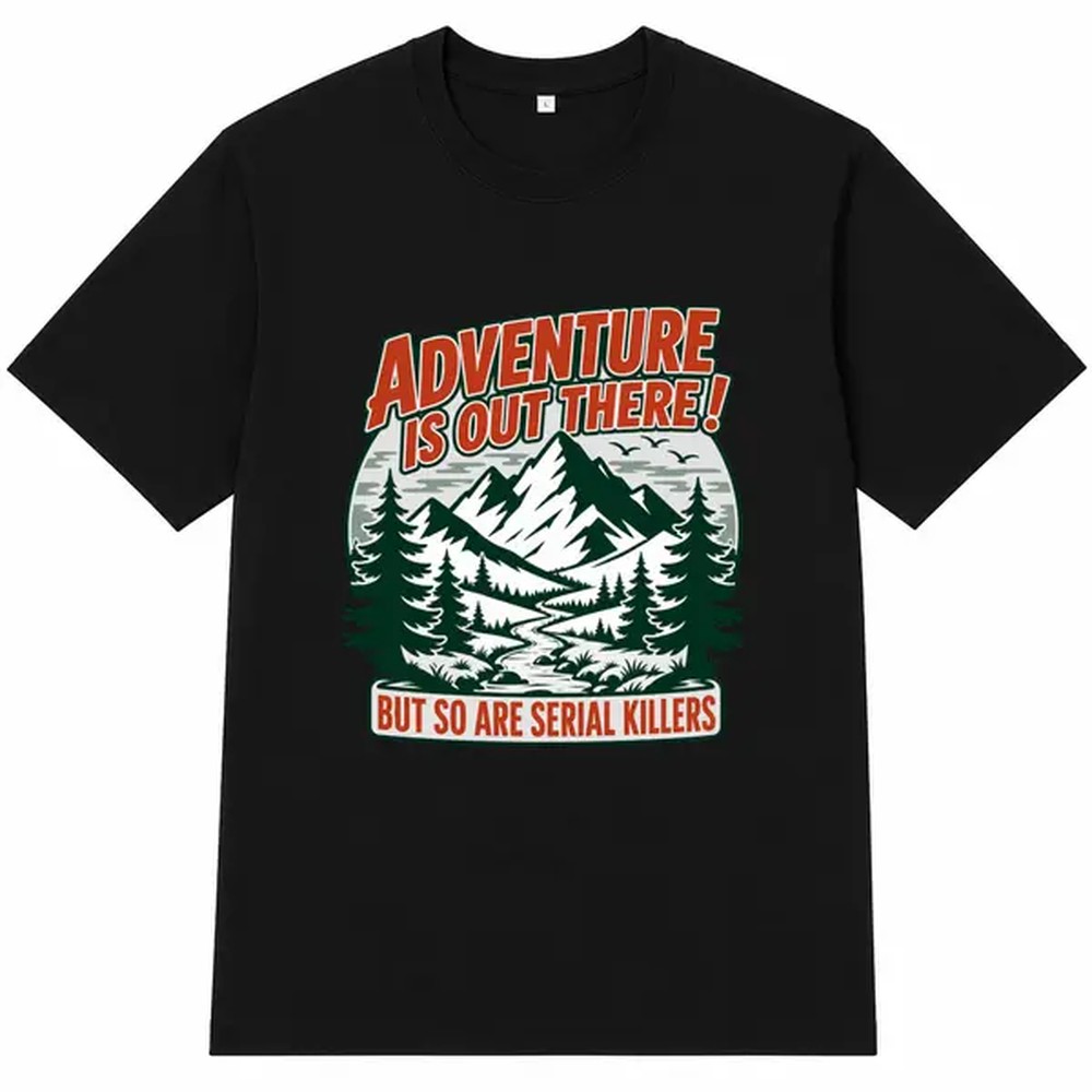 Graphic Tee Oversized - Kaos Hitam Bermotif Petualangan Alam, Kaos