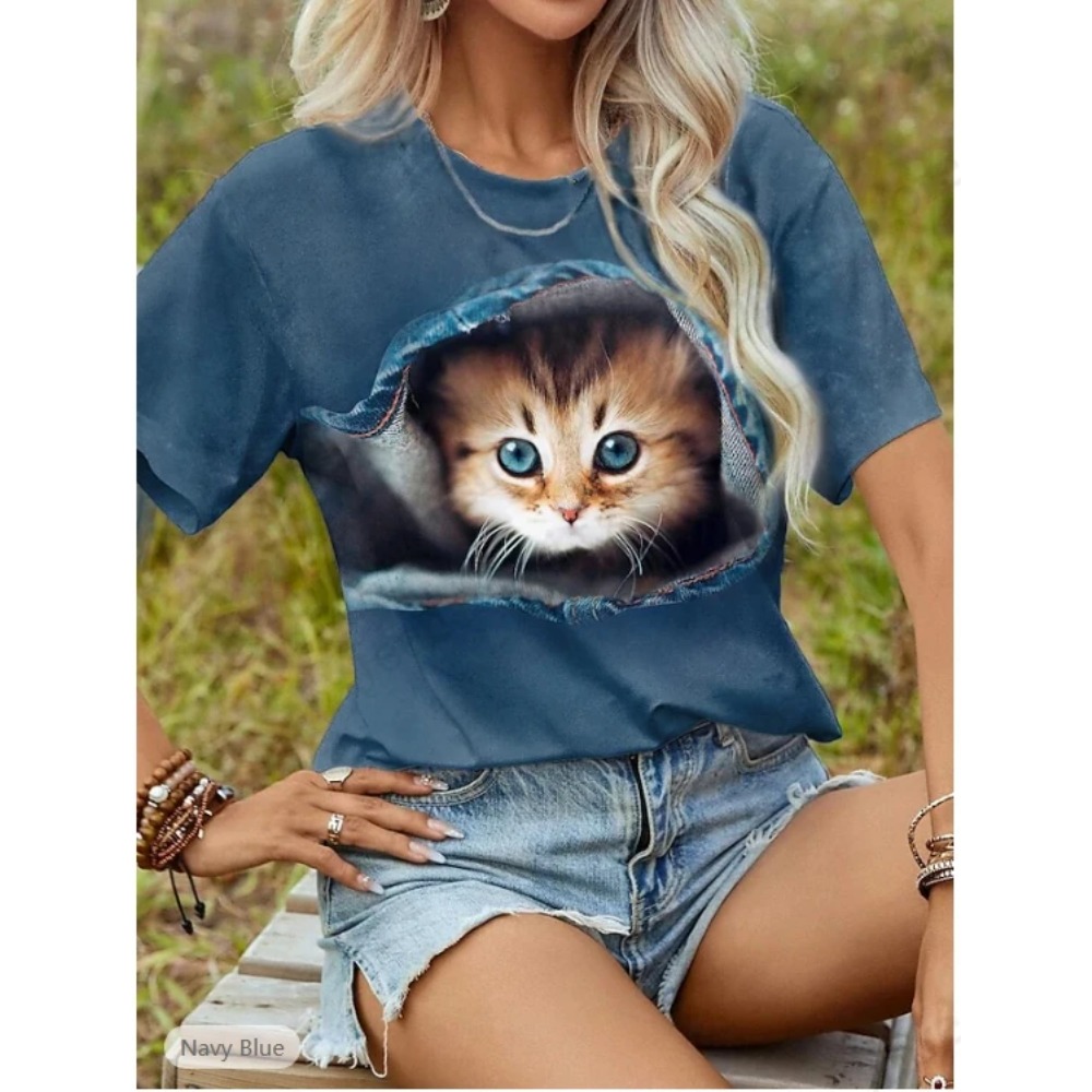 Graphic Tee Oversized - Kaos Grafis 3D Gambar Kucing Lucu