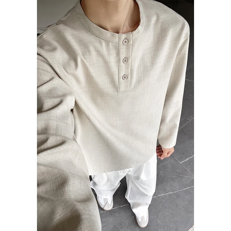 Mens Fashion Casual - Kemeja Henley Kasual Pria Bahan Linen