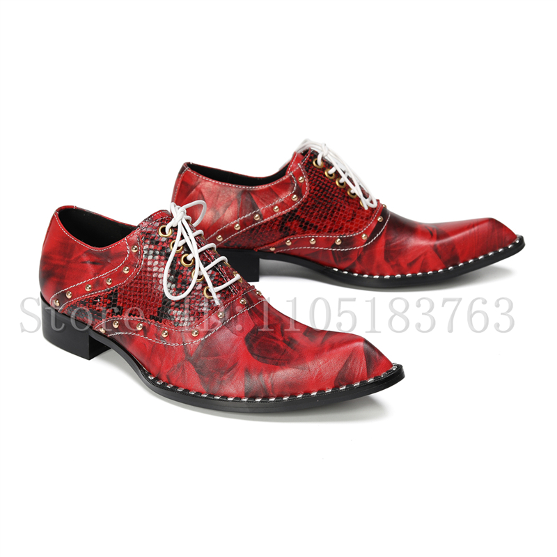 Mens Fashion Dress Shoes - Sepatu Oxford Kulit Ular Merah Berhias