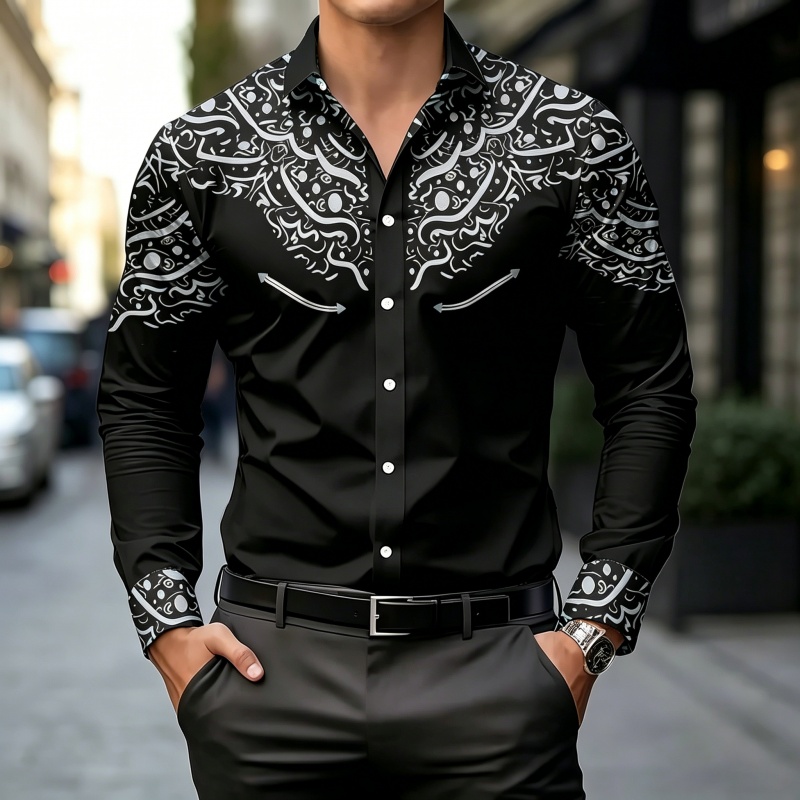 Mens Fashion Casual - Kemeja Cetak Kontras Hitam Putih, Slim
