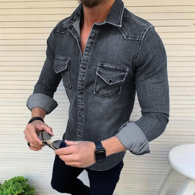 Kemeja Denim Pria Model Slim F - Mens Fashion Denim Jacket ulasan dan harga
