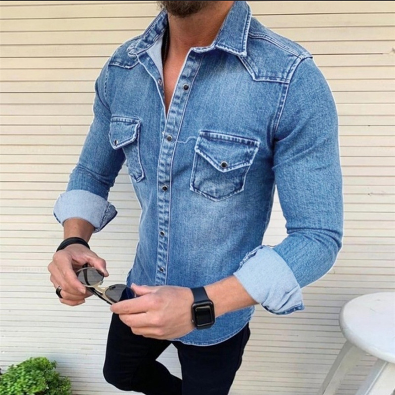Kemeja Denim Pria Model Slim F - Mens Fashion Denim Jacket ulasan dan harga