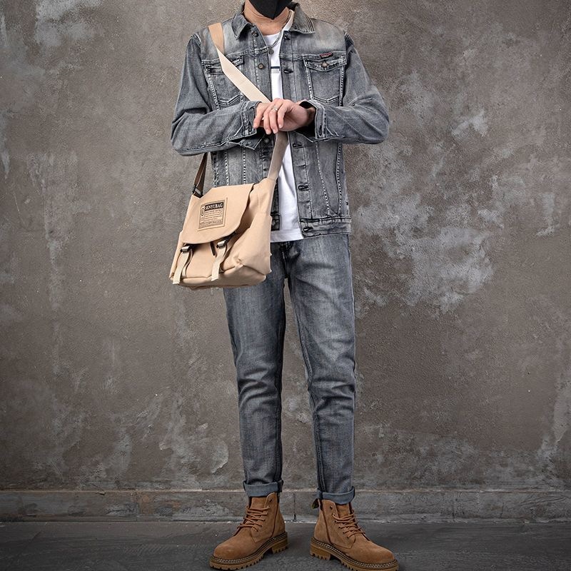 Setelan Jaket Denim Kasual Pri - Mens Fashion Denim Jacket ulasan dan harga