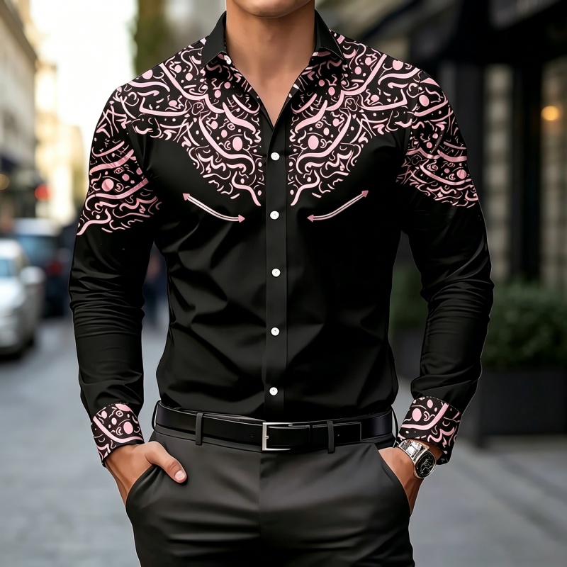 Kemeja Cetak Kontras Hitam Put - Mens Fashion Casual ulasan dan harga