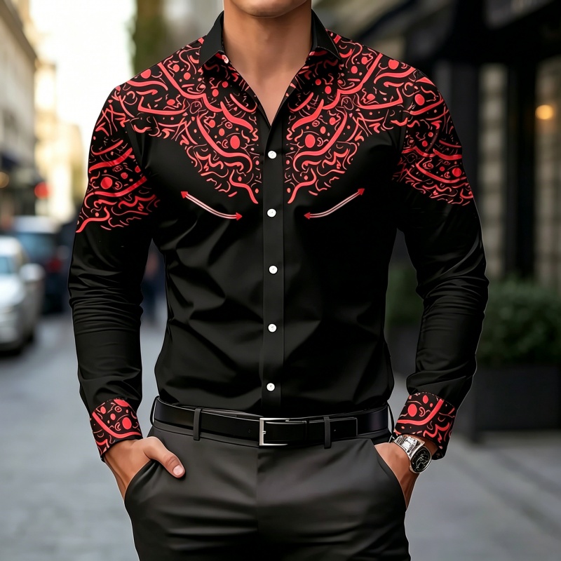 Kemeja Cetak Kontras Hitam Put - Mens Fashion Casual ulasan dan harga