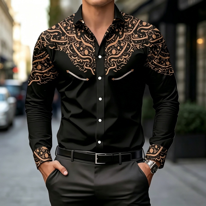 Kemeja Cetak Kontras Hitam Put - Mens Fashion Casual ulasan dan harga
